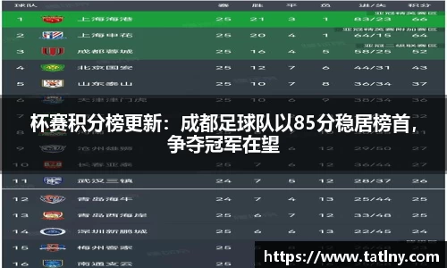 杯赛积分榜更新：成都足球队以85分稳居榜首，争夺冠军在望